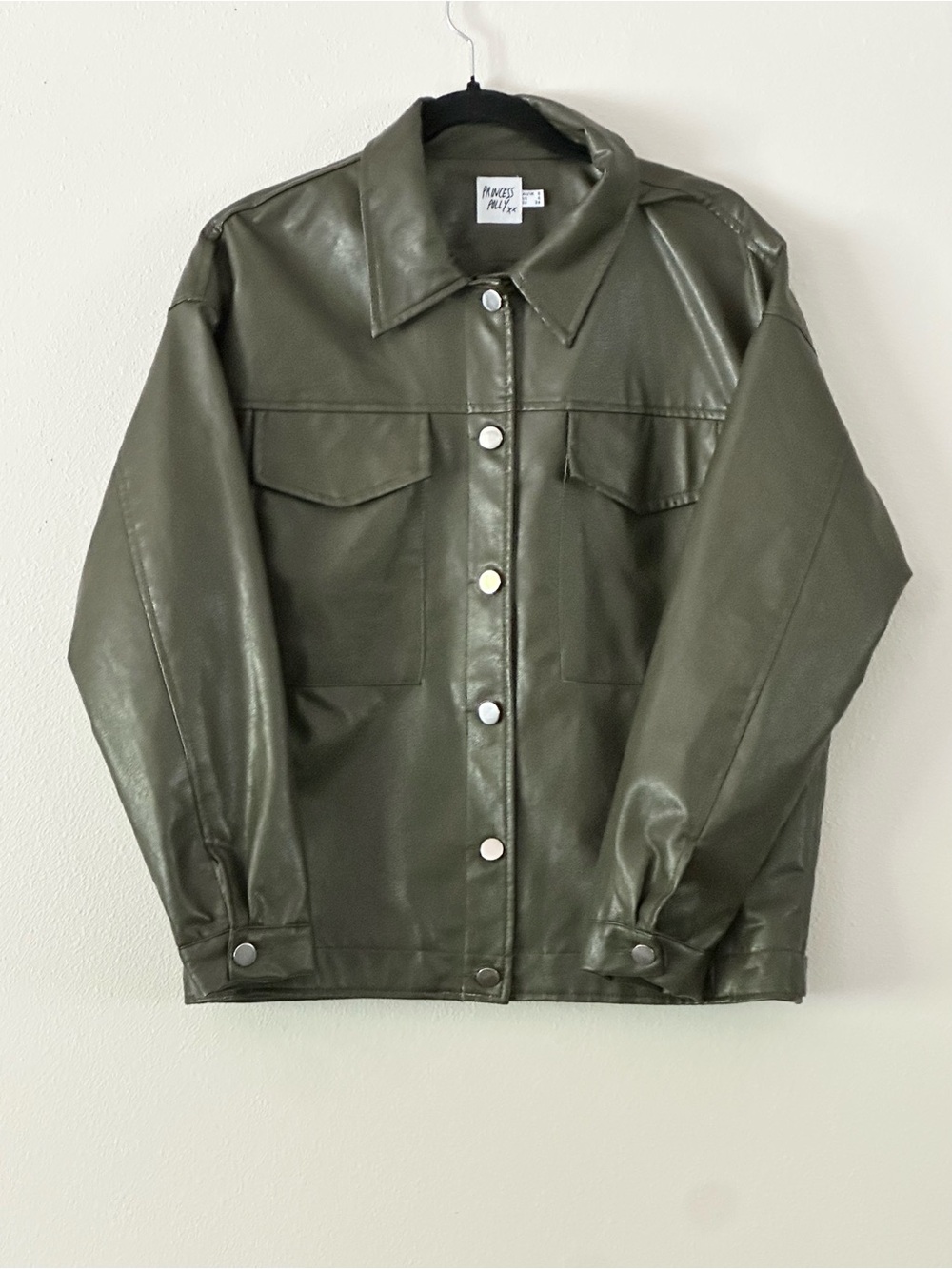 Princess Polly size 4 Olive Green Faux Leather‎ Button-Up Oversized Jacket Y2K